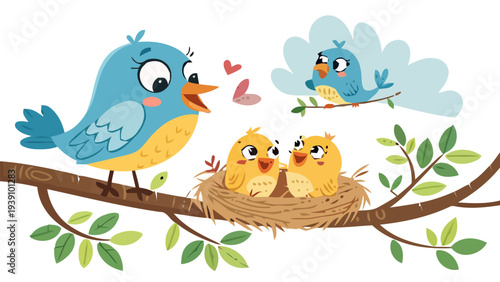 Happy bird family on tree branch with nest and leaves vector illustration