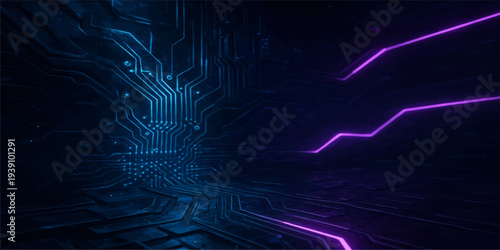 Abstract blue neon background with digital particles and glowing data lines forming a high-tech network pattern for business and science wallpaper