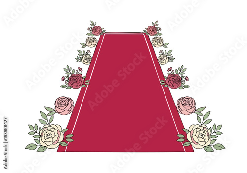 Elegant floral and geometric red carpet backdrop with blooming roses and leaves for events and celebrations