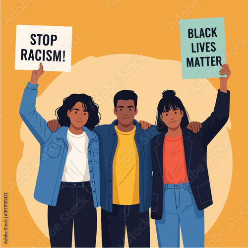 Diverse group of people holding signs at a protest.