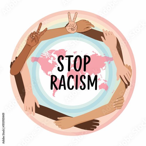 Stop Racism Diverse Hands Circle World Map Unity.