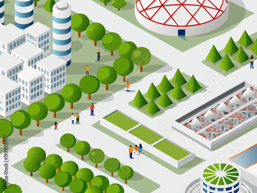 Isometric illustration of a modern city park with buildings and people