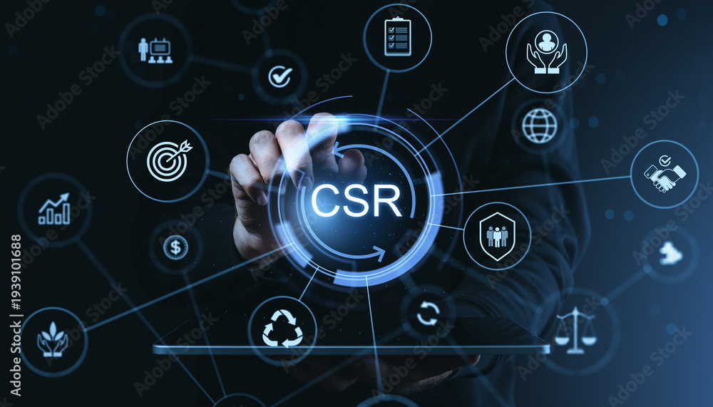 Fototapeta premium Corporate social responsibility interface with glowing csr symbol and interconnected icons showing sustainability and ethics in a modern digital style.