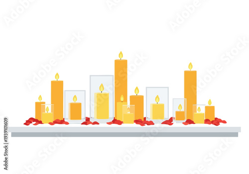 Collection of lit candles with petals scattered on a shelf, creating a warm and inviting ambiance