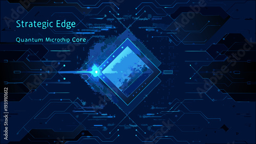 Abstract quantum microchip core with glowing blue lines and digital circuit patterns