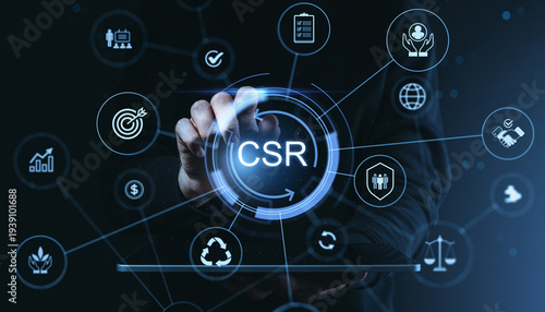 Corporate social responsibility interface with glowing csr symbol and interconnected icons showing sustainability and ethics in a modern digital style.