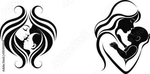 Mother Kissing Baby Silhouette Vector, Motherhood Love Symbol, Mom and Child Parenting Icon