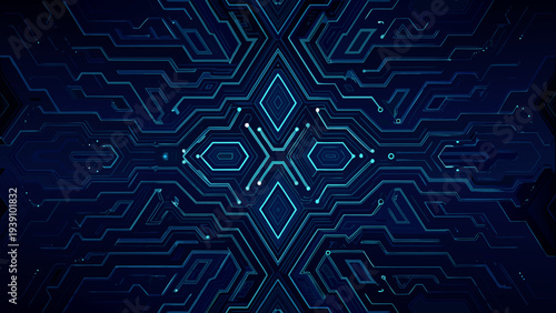 Intricate blue circuit board pattern creating a symmetrical technological design