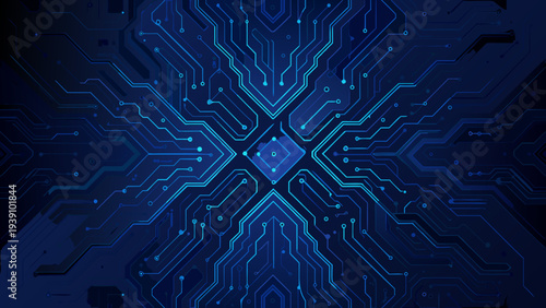 Abstract circuit board pattern with glowing blue lines and a central focal point