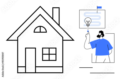 Interior design, housing, innovation, creativity, planning, architecture, sustainable living. Minimalist house design and person holding a lightbulb diagram. Interior design and housing concepts