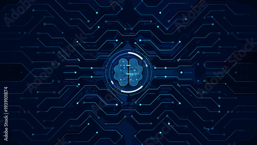 Abstract digital circuit board with a glowing brain shaped central processing unit