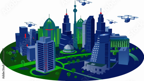 Futuristic cityscape featuring drones and modern architectural designs