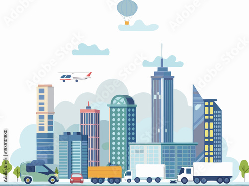 Stylized cityscape illustration featuring buildings vehicles and airborne transport