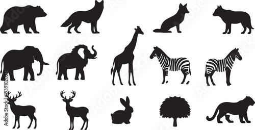 Big Set of Black Wild Animal Silhouettes Vector Collection Illustration isolated PNG with Transparent Background