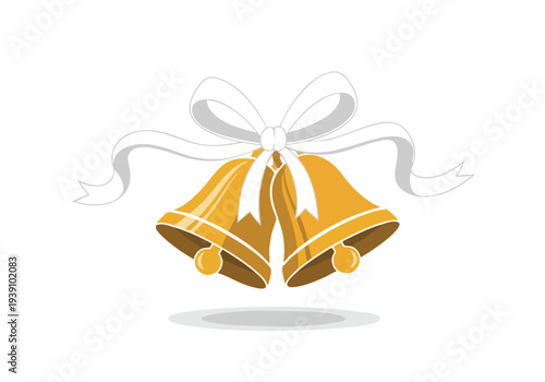 Golden wedding bells adorned with a white ribbon, symbolizing celebration and marital union