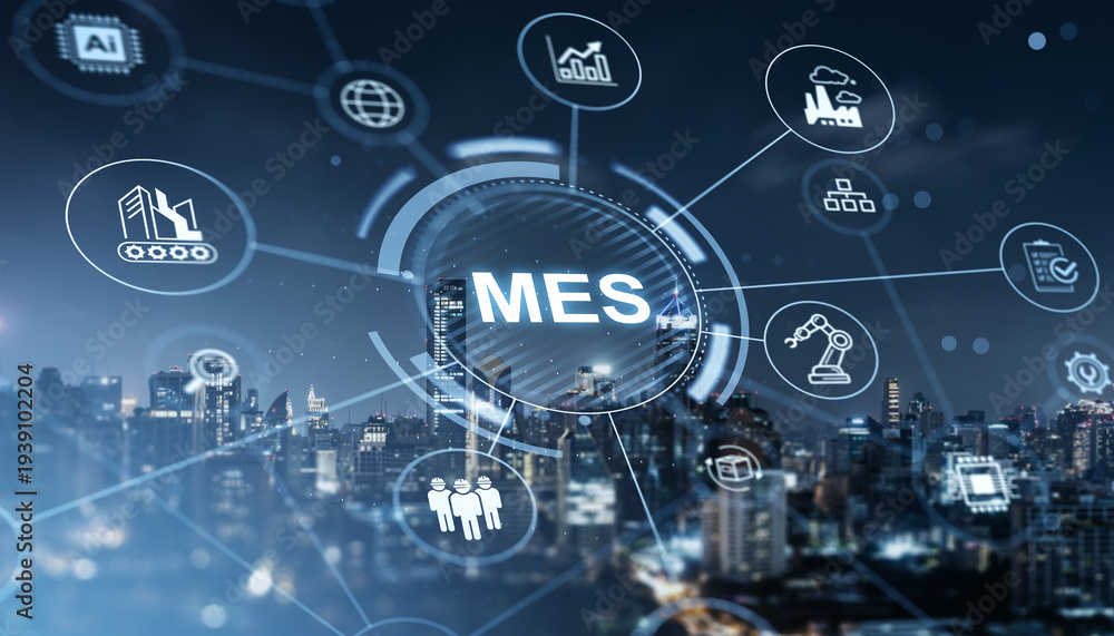 © ImageFlow - Manufacturing execution system interface with advanced floating industrial symbols over illuminated modern city skyline at night.''