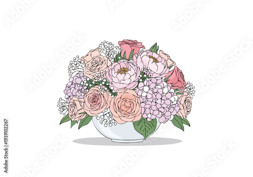 Beautiful floral arrangement of pink and white peonies and hydrangeas in a white bowl