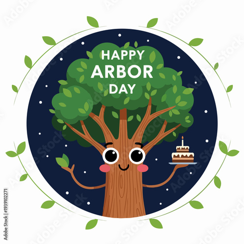 Happy Arbor Day Cartoon Tree Character Holding a Cake.