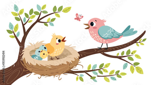 Cute spring bird family vector pack on tree branch with nest and butterfly