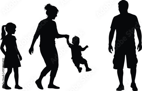 Happy family silhouette with father mother daughter and toddler son playing together isolated on white background for vector graphic design.