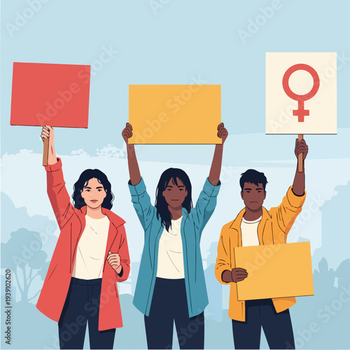 Diverse group of people holding protest signs and banners.