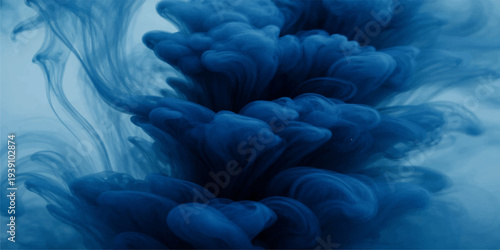 A blue iris flower creates a smooth motion wave in dark water with flowing smoke patterns and light swirl shapes against a black art backdrop