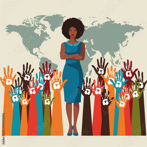 Woman standing tall with diverse hands raised around her.