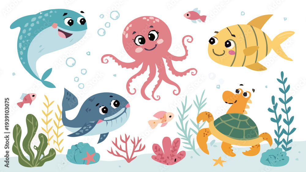 Fototapeta premium Cartoon ocean animals vector set with smiling sea creatures and coral reef