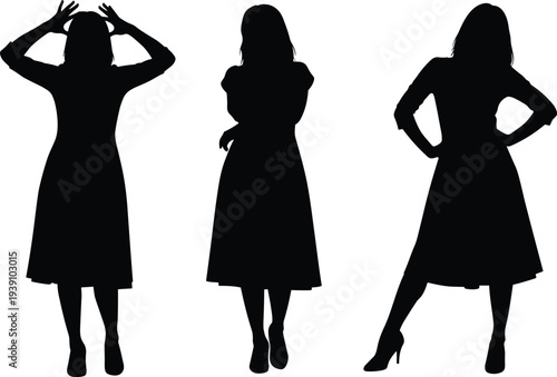 Set of three black silhouettes of a young woman in a dress expressing frustration, thoughtful contemplation, and confident powerful posing.