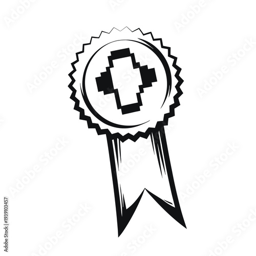 Black and White Silhouette of a Pixel Level Up Badge for Retro Gaming Reward Systems