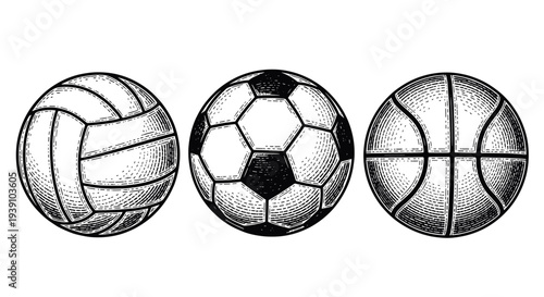 Vintage sports balls engraving set, retro athletic equipment and game ball sketches in woodcut style