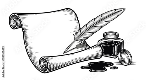 Vintage engraving feather quill pen with ink bottle and parchment scroll hand drawn woodcut style historical writing illustration