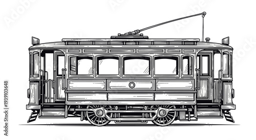 vintage engraving city tram streetcar classic public transport vehicle hand drawn woodcut style urban transportation illustration