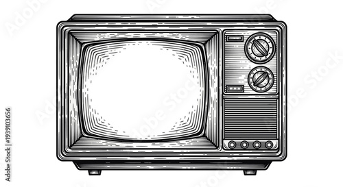 Vintage engraving retro television old tv set hand drawn woodcut style classic media device illustration