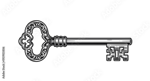 Antique Ornamental Skeleton Key Vector Illustration in Woodcut Style