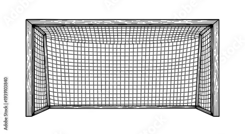Vintage engraving soccer goal with net sports equipment illustration hand drawn football field woodcut style