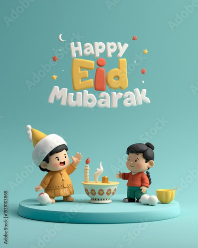 happy eid mubarak, festive eid greeting, cartoon character celebration, muslim holiday illustration, eid al-fitr greeting, eid al-adha greeting, islamic festival design, cheerful eid artwork, 