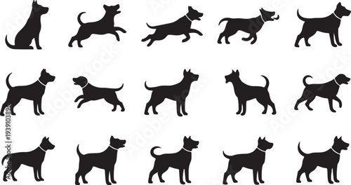Set of Black Dog Silhouettes in Various Poses. Isolated Vector Illustration. isolated PNG with Transparent Background