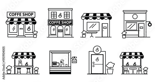 Coffee Shop Exterior Line Art Illustration Set