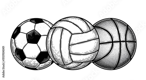 Vintage sports balls engraving set, retro athletic equipment and game ball sketches in woodcut style