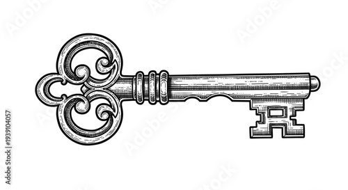 Antique Ornamental Skeleton Key Vector Illustration in Woodcut Style