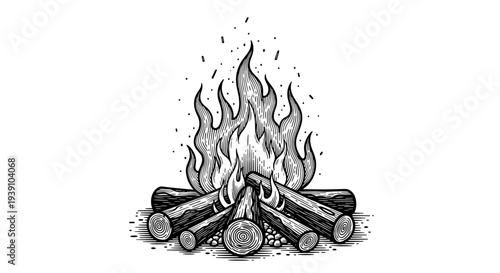 Vintage engraving campfire burning wooden logs detailed outdoor camping illustration hand drawn fire flames in retro woodcut style