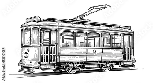 vintage engraving city tram streetcar classic public transport vehicle hand drawn woodcut style urban transportation illustration
