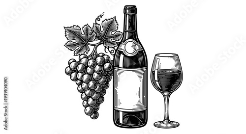 Vintage engraving wine bottle with wine glass and grape bunch detailed winery and viticulture illustration hand drawn classic woodcut style isolated