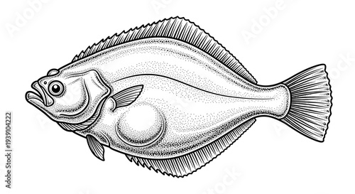 Flounder Fish Marine Animal Vector Illustration in Woodcut Style