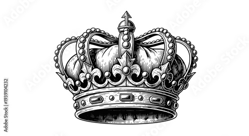 Royal King Crown with Jewels Vector Illustration in Vintage Etching Style