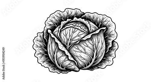 Vintage cabbage engraving style botanical vegetable illustration