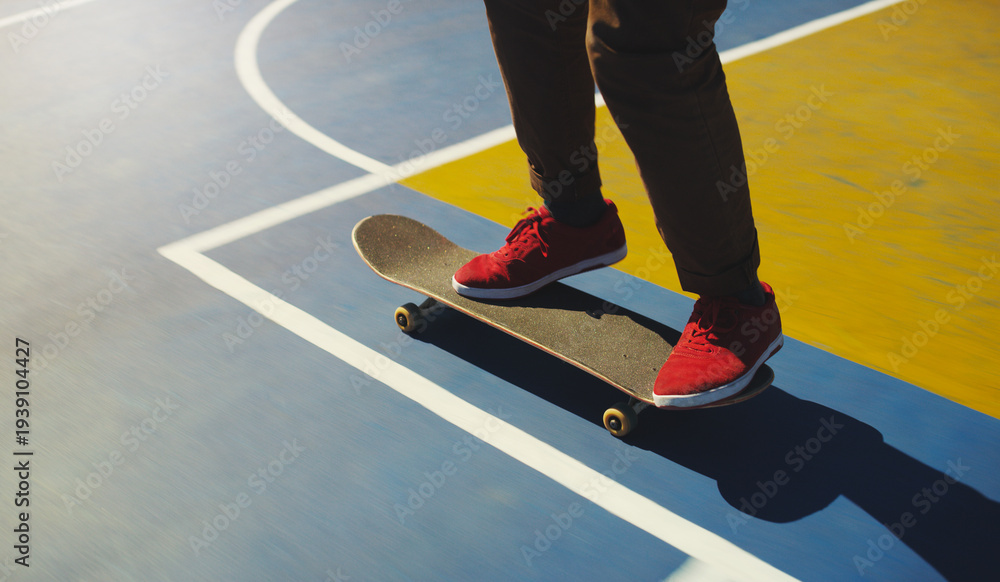 Fototapeta premium Legs, person and skateboard outdoor with balance, training and extreme sports with action. Skateboarder, sneakers and shoes for practice at skatepark, exercise and hobby on pavement in summer