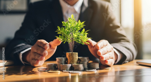 Businessman nurturing a small plant.
