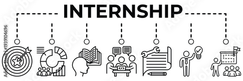 Internship banner web icon vector illustration for career training and professional experience concept with student practice, workplace learning, mentorship, evaluation and career preparation icons